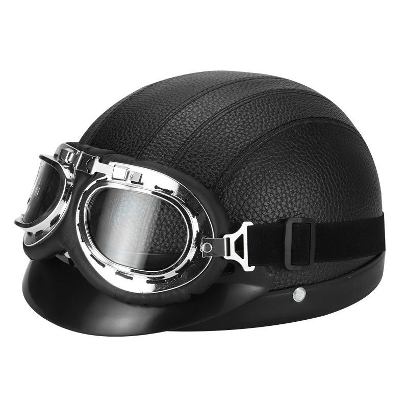 

Electric car winter retro helmet female light four seasons leather helmet motorcycle battery car hard hat warm half helmet male One size