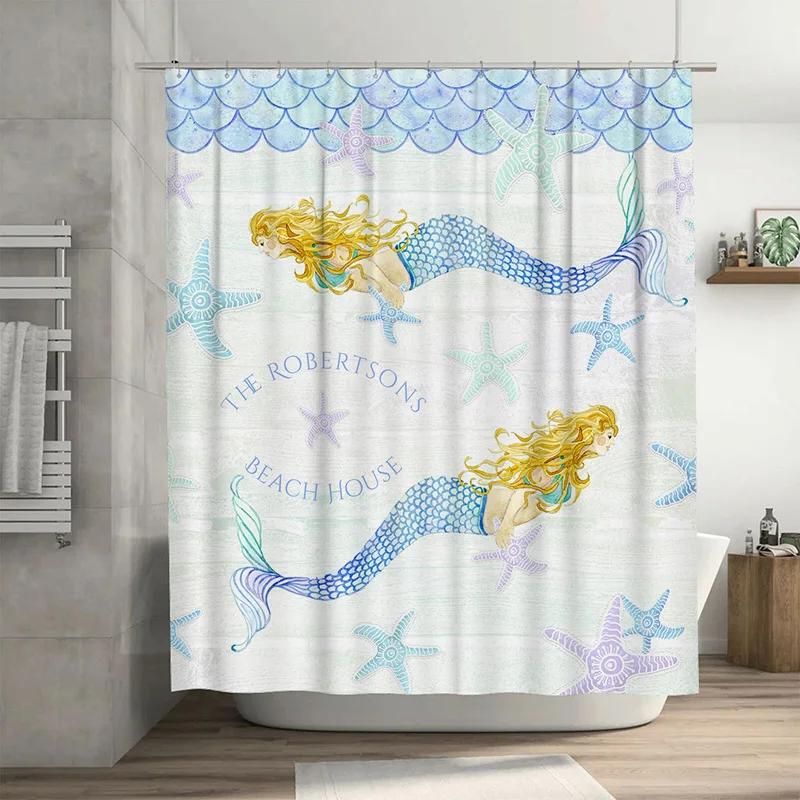"Mermaid Beach House Shower Curtain, Waterproof & Mildew-Resistant Bath Curtain with Ocean Theme for Coastal Home Decor"