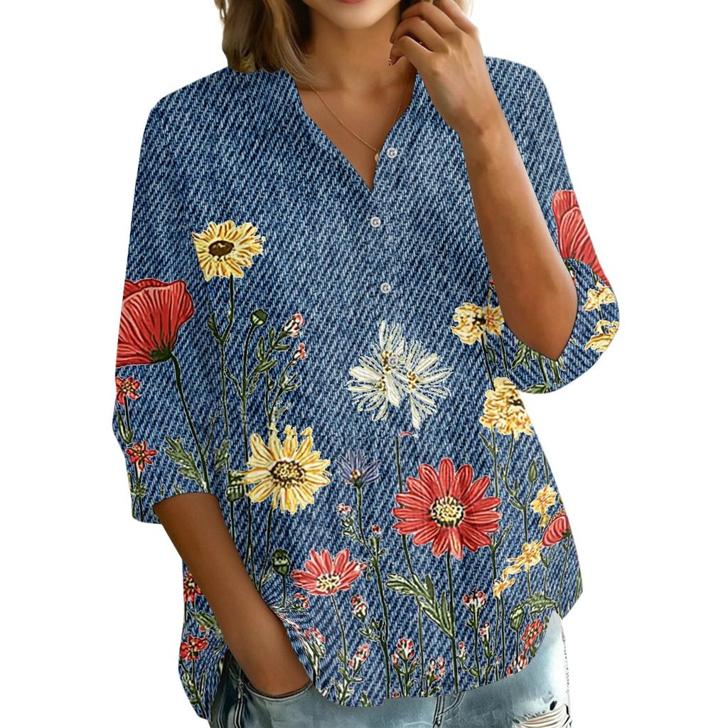 Women Button Front Vintage Floral Print Shirt Three Quarter Sleeve Loose Fit Blouse Casual Lightweight Top for Everyday Wear