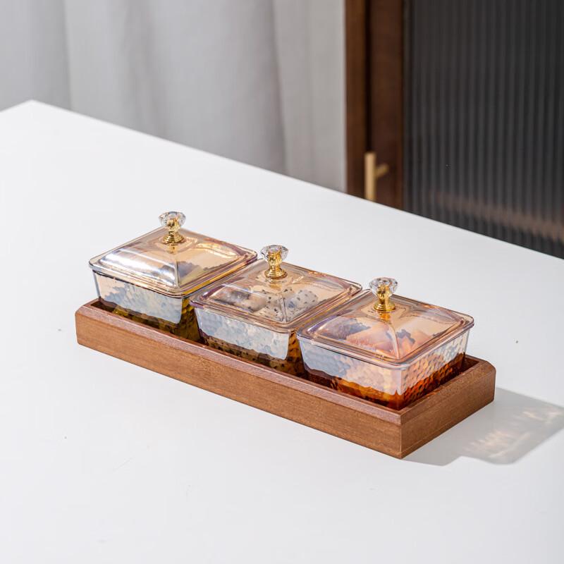 Amber Hammered Glass Divided Snack Server with Wood Tray
