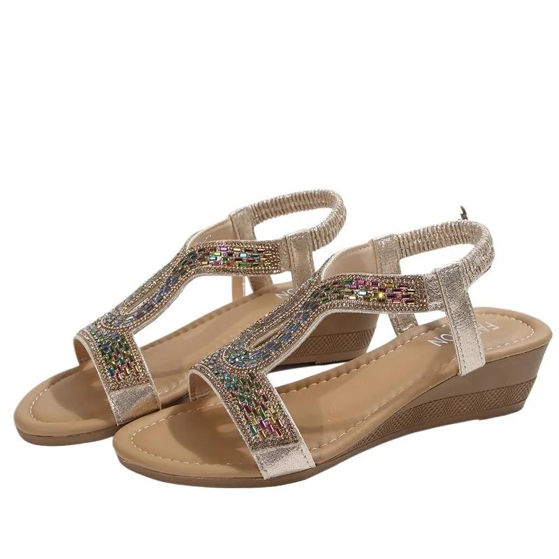 Fashion Plus Size 2025 Summer Hot Sale Women's Open Toe Sandals Outdoor Crystal Elastic Band Wedges Sandals for Casual Daily Rome Shoes