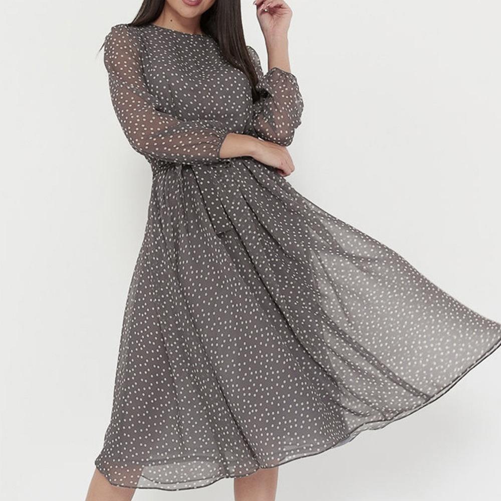 Frühling Herbst Chiffon Polka Dot Kleid Langarm O Neck Casual Elegante Hohe Taille Pullover Frauen Midi Kleid Robe Femme