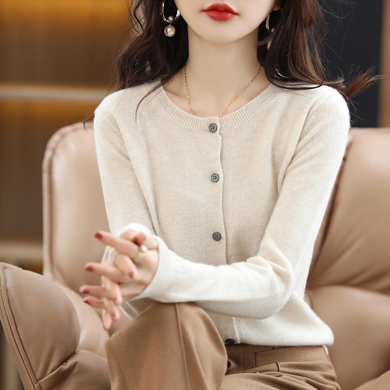 Women's Korean Style Cashmere Cardigan - Round Neck, Long Sleeve, Loose Fit, 100% Wool Knit Top for Spring/Autumn
