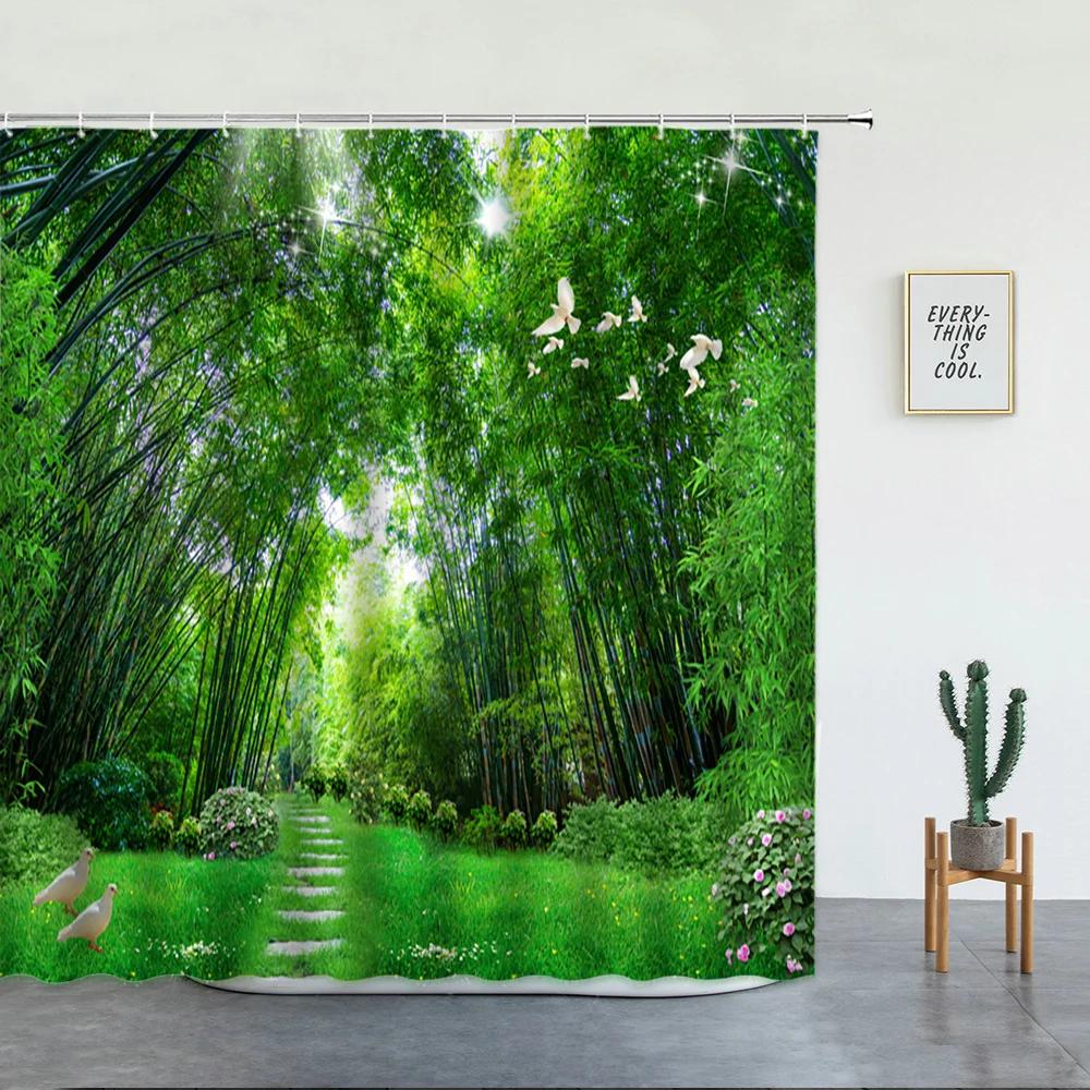 Forest Waterfall Landscape Shower Curtains Tropical Rainforest Green Bamboo Mountain Printed Fabric Luxury Bathroom Decor Hooks