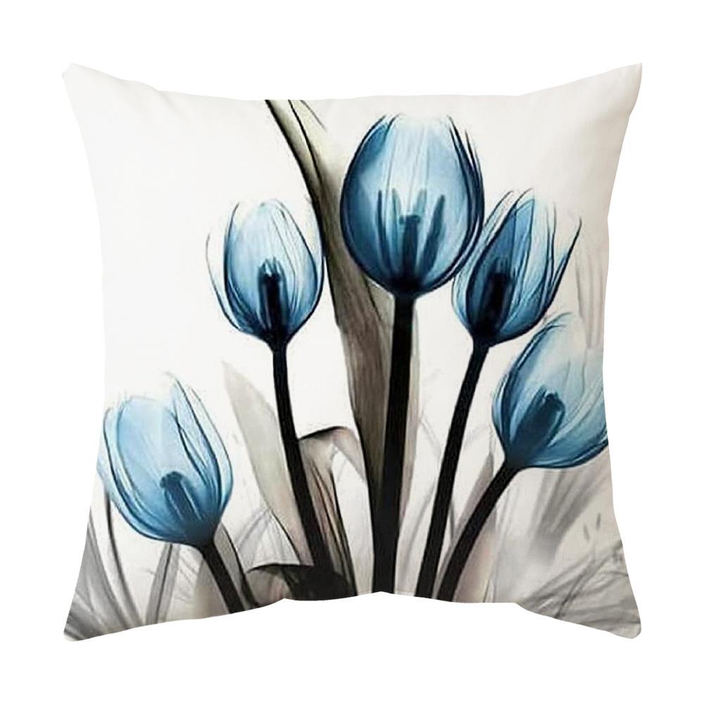 Blue Ink Painting Flower and Grass Linen Pillowcase Household Supplies Office Sofa Pillow Nordic Cushion