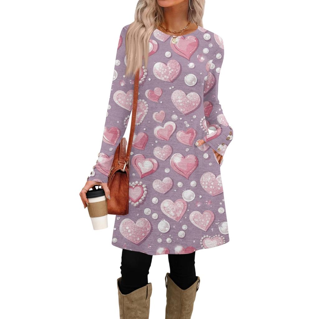 Women's Fashion Casual Pocket Decorative Button Dress Round Neck Long Sleeve Printed Dress
