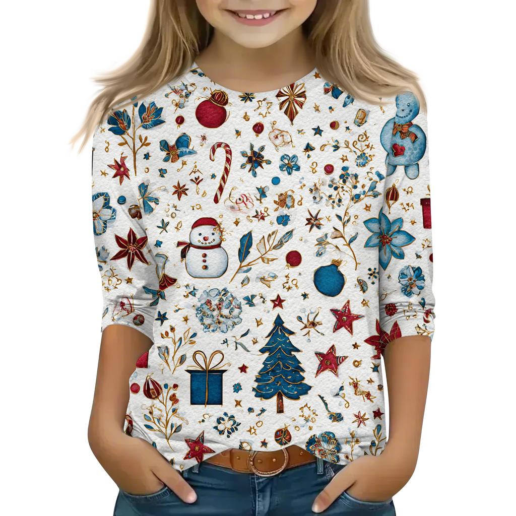 Children's 3/4 Sleeve Round Neck Top Christmas Tree Printed Everyday Casual Top