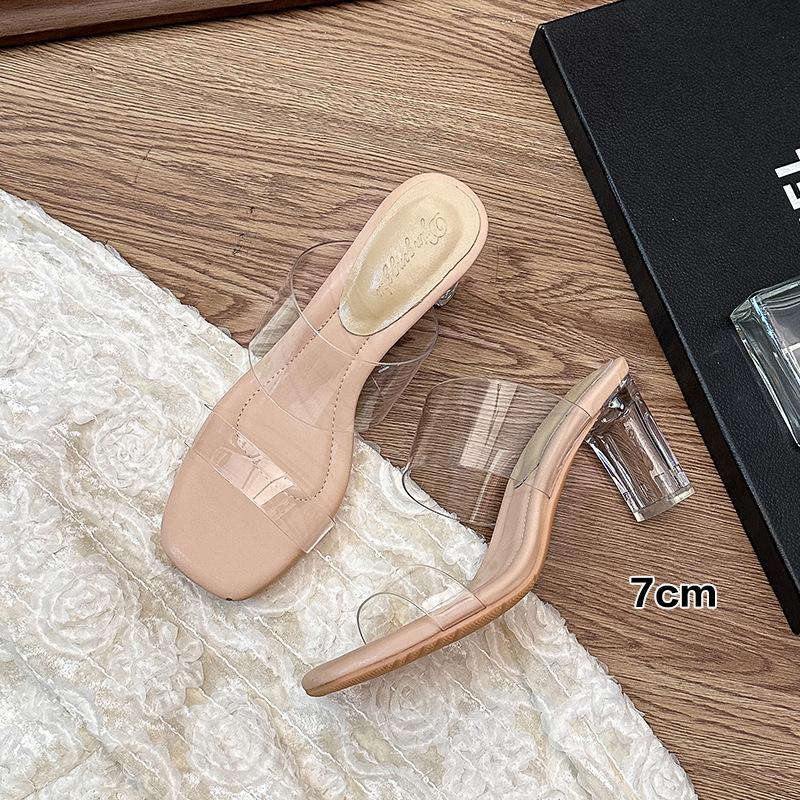 

Женские туфли на высоком каблуке, новинка лета, прозрачный ремешок, хрустальный толстый каблук, q эластичный, прохладные полусабо, верхняя одежда, кожа 33 standard code