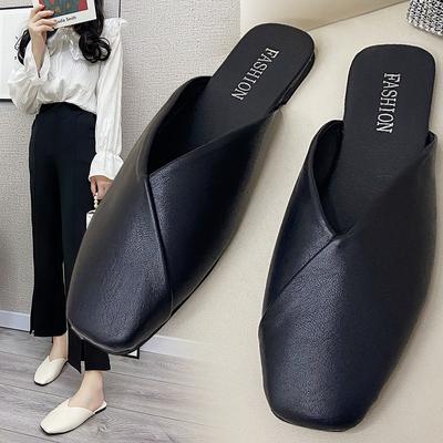 Women Mules  Summer Elegant Square Closed Toe Flat Slippers Female Shoes Casual Leather Black White Slides Plus Size 34-43