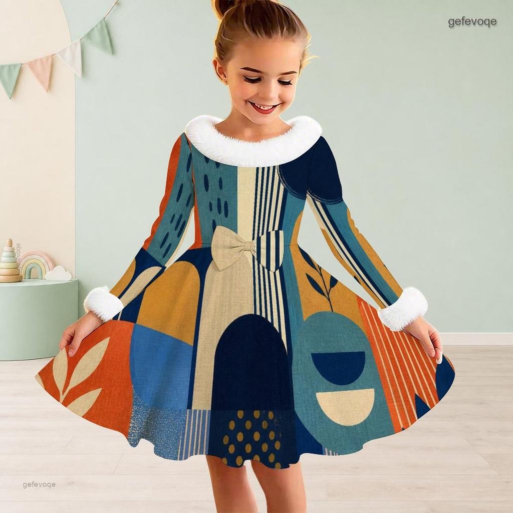 Girls Furry Collar Long Sleeve Patchwork Plaid Printed A Line Flared Dress