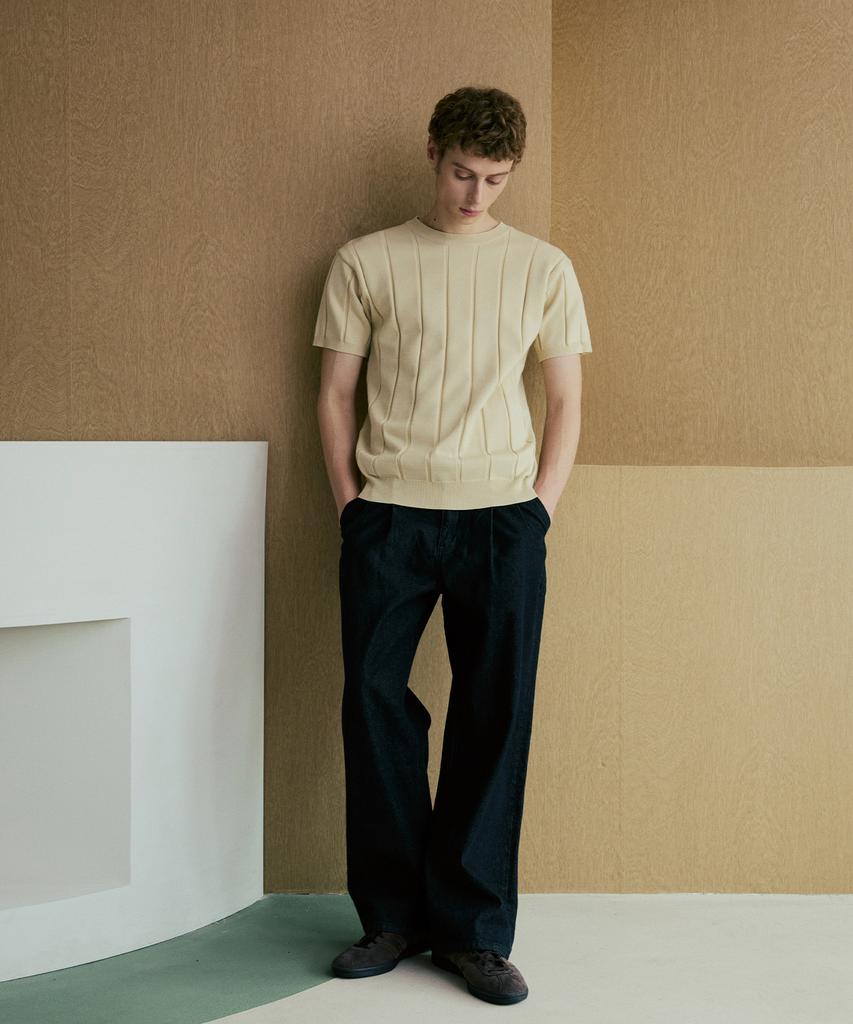 NODU Round Ribbed Short Sleeve Knit [Beige]
