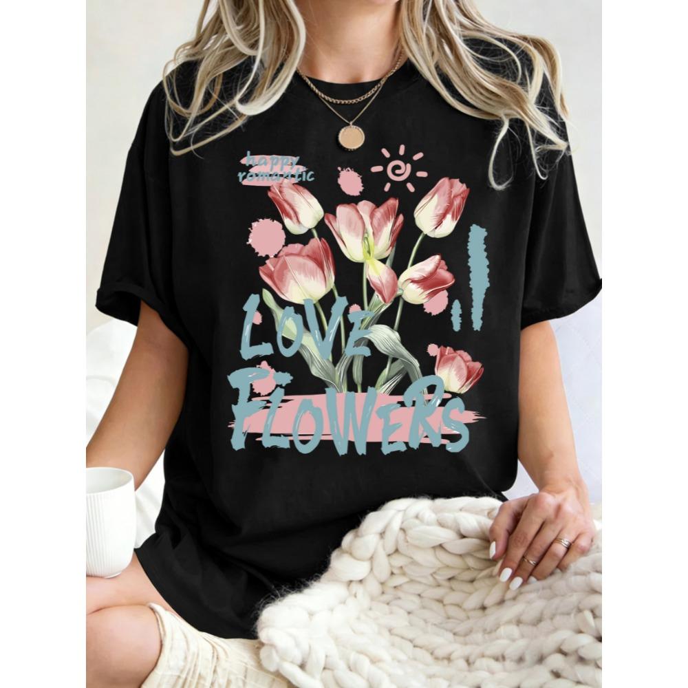 Happy Romantic Love Flowers Print T Shirt Woman O-Neck Oversized T-Shirts Women Breathable Short Sleeve Summer Cotton