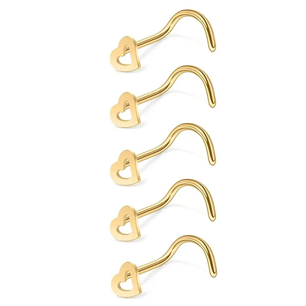 5 Pcs Fashion Hollow Heart Stainless Steel Nose Studs For Women Nostril Piercing Screw Type Body Jewelry