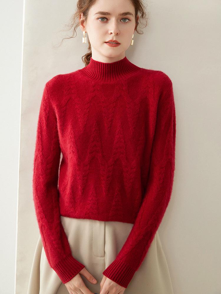 

Women s Angolan Red Cashmere Cable Knit Sweater - Half Turtleneck, Thickened for Autumn/Winter, Korean Style, Christmas Design. 2XL