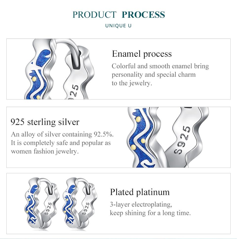 BAMOER 925 mincovní stříbro Van Gogh's Starry Sky náušnice Modré smaltované kruhové náušnice pro ženy Dárek k narozeninám Jemné šperky