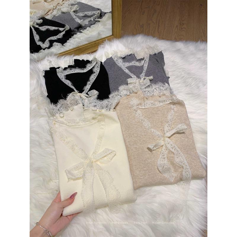 V-neck gentle lace knitted sweater spring pure desire slim-fit backing sweater bow inside top