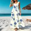 Fresh Floral Sleeveless Round Neck Maxi Dress,Basic Lightweight Flowy Dress Versatile for Beach Vacation Daily Outing