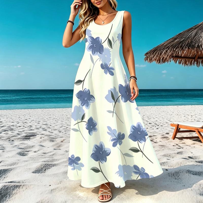 Fresh Floral Sleeveless Round Neck Maxi Dress,Basic Lightweight Flowy Dress Versatile for Beach Vacation Daily Outing