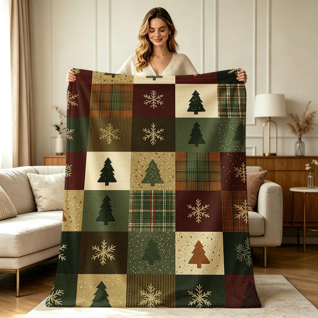 Soft Warm Flannel Christmas Tree Snowflake Patchwork Print Blanket for Sofa Couch Bed Office Living Room All Season Cozy Throw Blanket