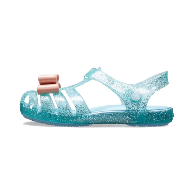 Crocs Isabella Bow Velcro Simple Casual Shiny Hole Sandals Ice Blue Kids' Style