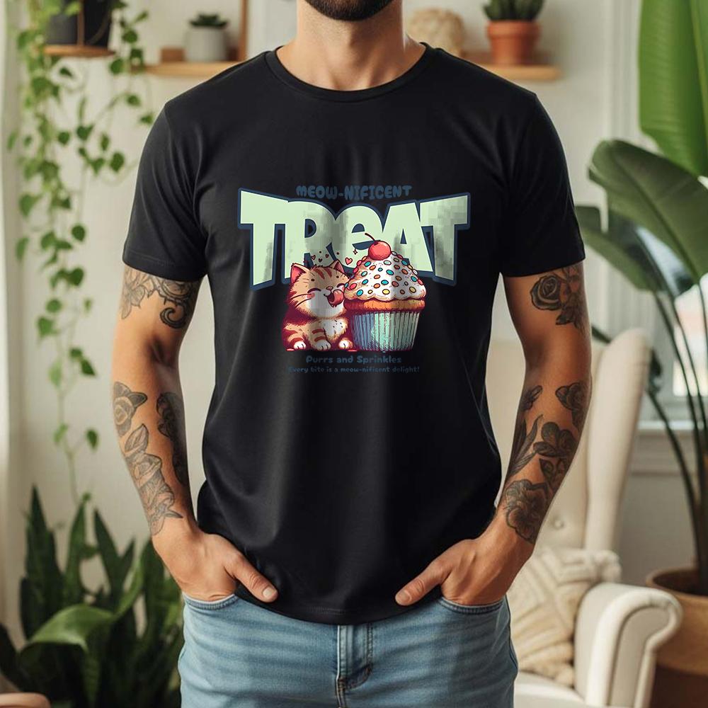 New Summer Unisexs 100 Cotton TShirt Retro Cat With Cupcake Casual Breathable Short Sleeve Daily Wear