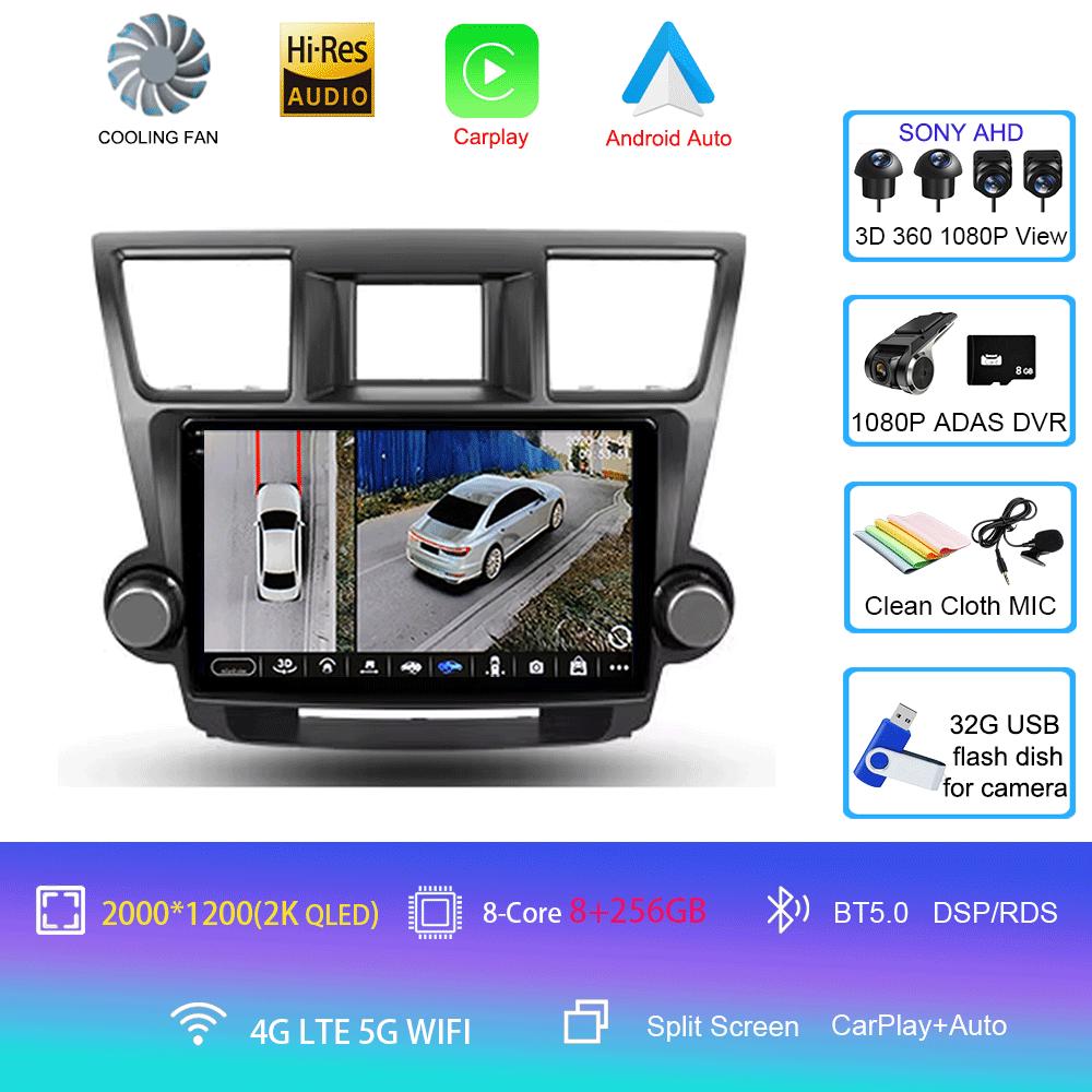 Car Radio Android 14 Carplay Auto For Toyota Highlander 2 XU40 2007-2013 Multimedia Video Player Navigation GPS Stereo 2din DSP