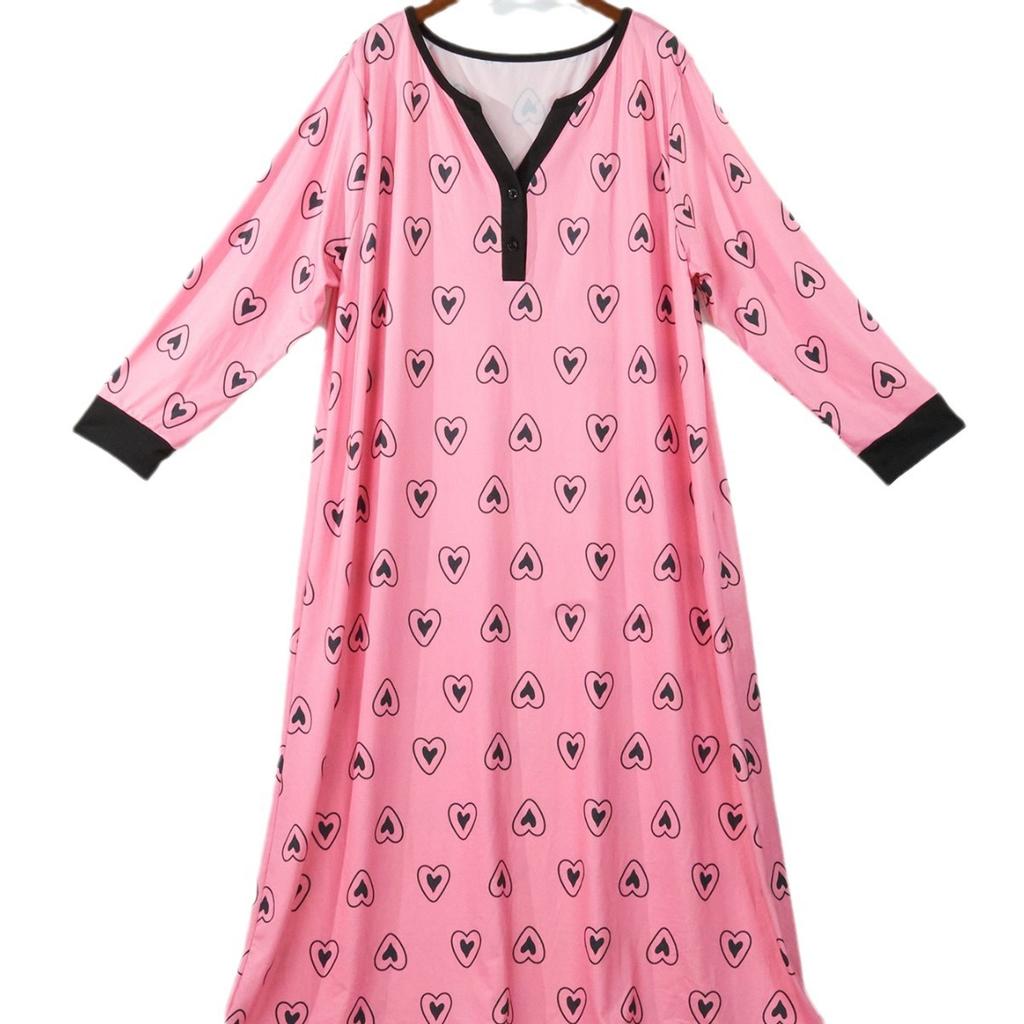 Spring Autumn Plus Size XL-5XL Pink Graphic Printed Long Sleeve Women Nightgown Sexy V Neck Oversized Sleepwear Female Nightwear Homwear Clothing