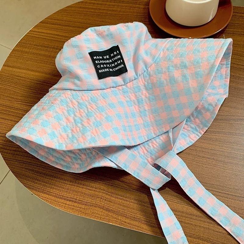 Summer lace-up small plaid bucket hat women's retro big brim sunshade sunscreen hat big head circumference shows small tide