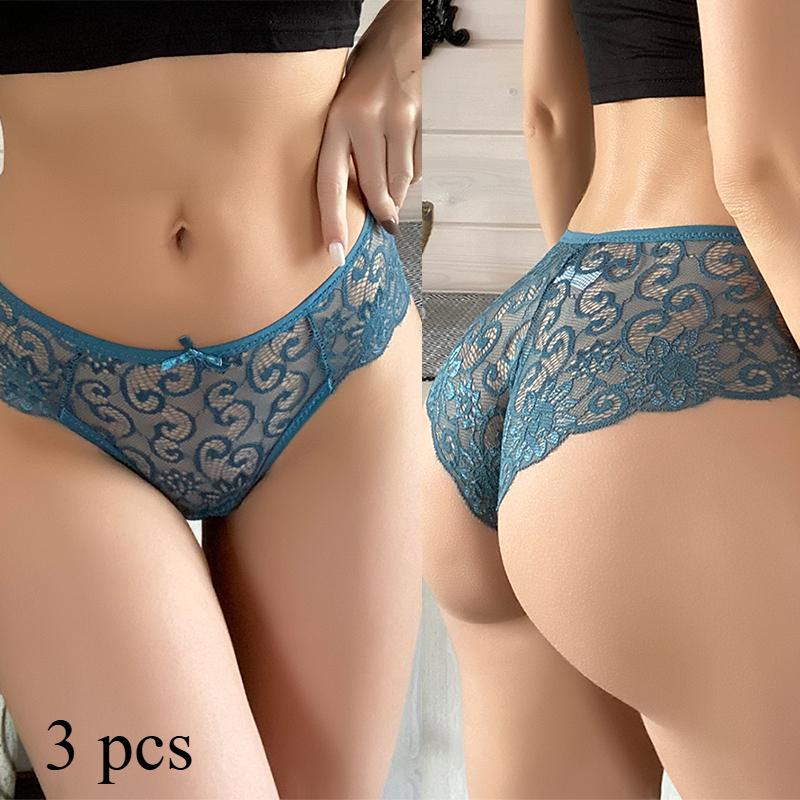 3PCS Frauen Unterwäsche Sexy Spitze Transparent Höschen Verlockend Hübsche Slips Niedrige Taille frauen Dessous Unterhose Dessous