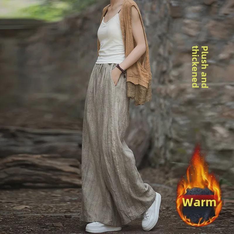 Women's Tie-Dye Cotton & Linen Wide-Leg Trousers with Velvet & Thickened Ramie