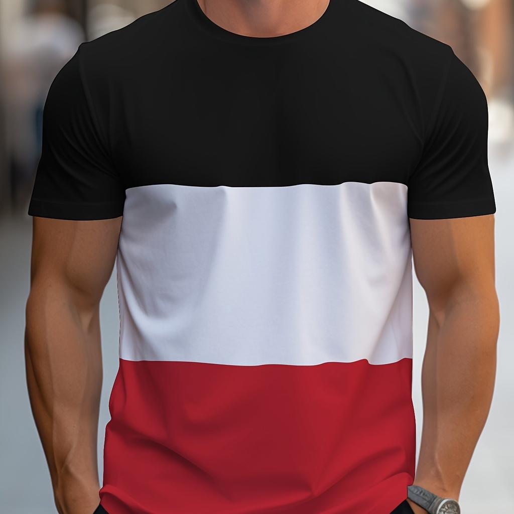 Men's Contrast Color Stripe Pattern Print T-shirt With Crew Neck And Short Sleeve, Casual And Comfy For Summer Leisurewear