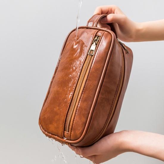 Vintage Makeup Bag Faux Leather Men Ladies Travel Toiletry Pouch Waterproof Cosmetics Organizer Bag for Vacation Business Trips