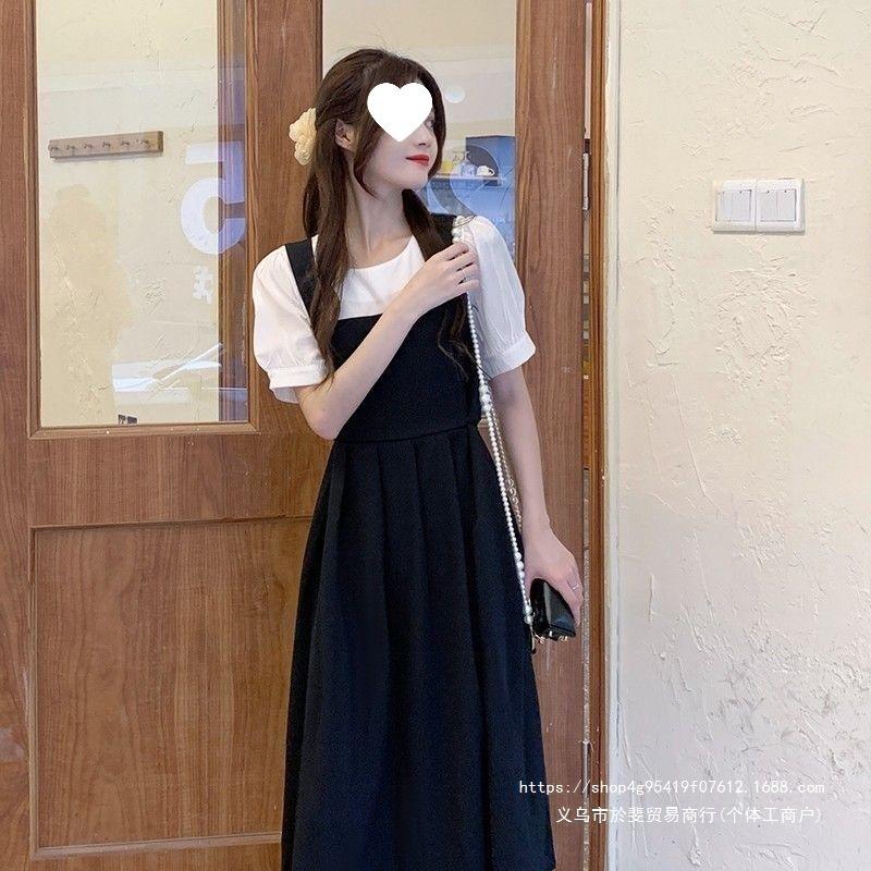Black dress women's summer splicing fake two-piece high-end skirt French retro small black dress strap skirt long dress