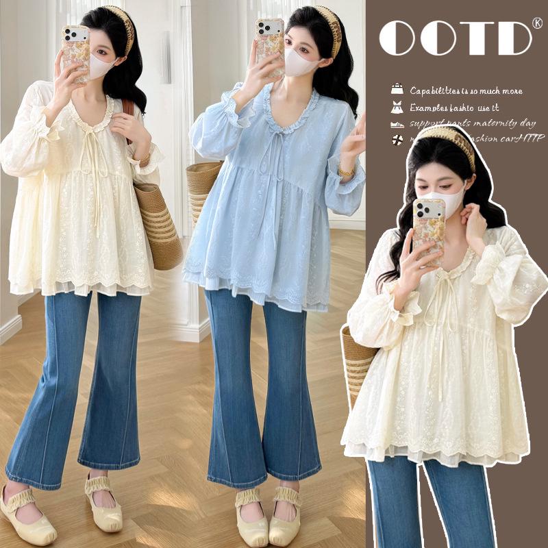 Spring French Elegant Ruffle Doll Shirt - Versatile Maternity Outerwear M