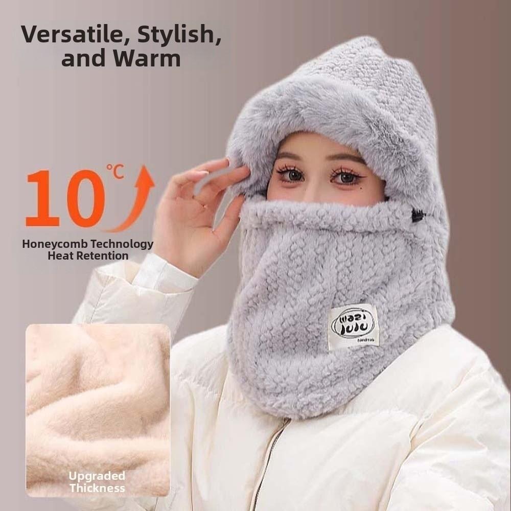 4 in 1 Winter Integrated Scarf Cap Plush Pullover Mask Cap Balaclava Hat Mask Woolen Hat Women