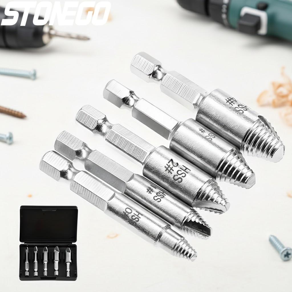 5 Piece Screw Extractor Set High-Speed Steel Hex Shank for Removing Damaged Screws and Bolts Tool Kit