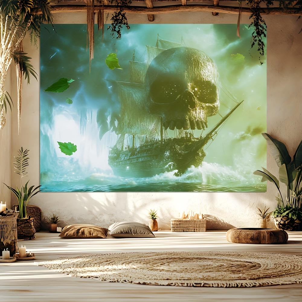 Pirate s Mist Tapestry-A ghost sailboat with a skeleton flag sails in the silver fog, background Bohemian nautical wall art 100X70CM