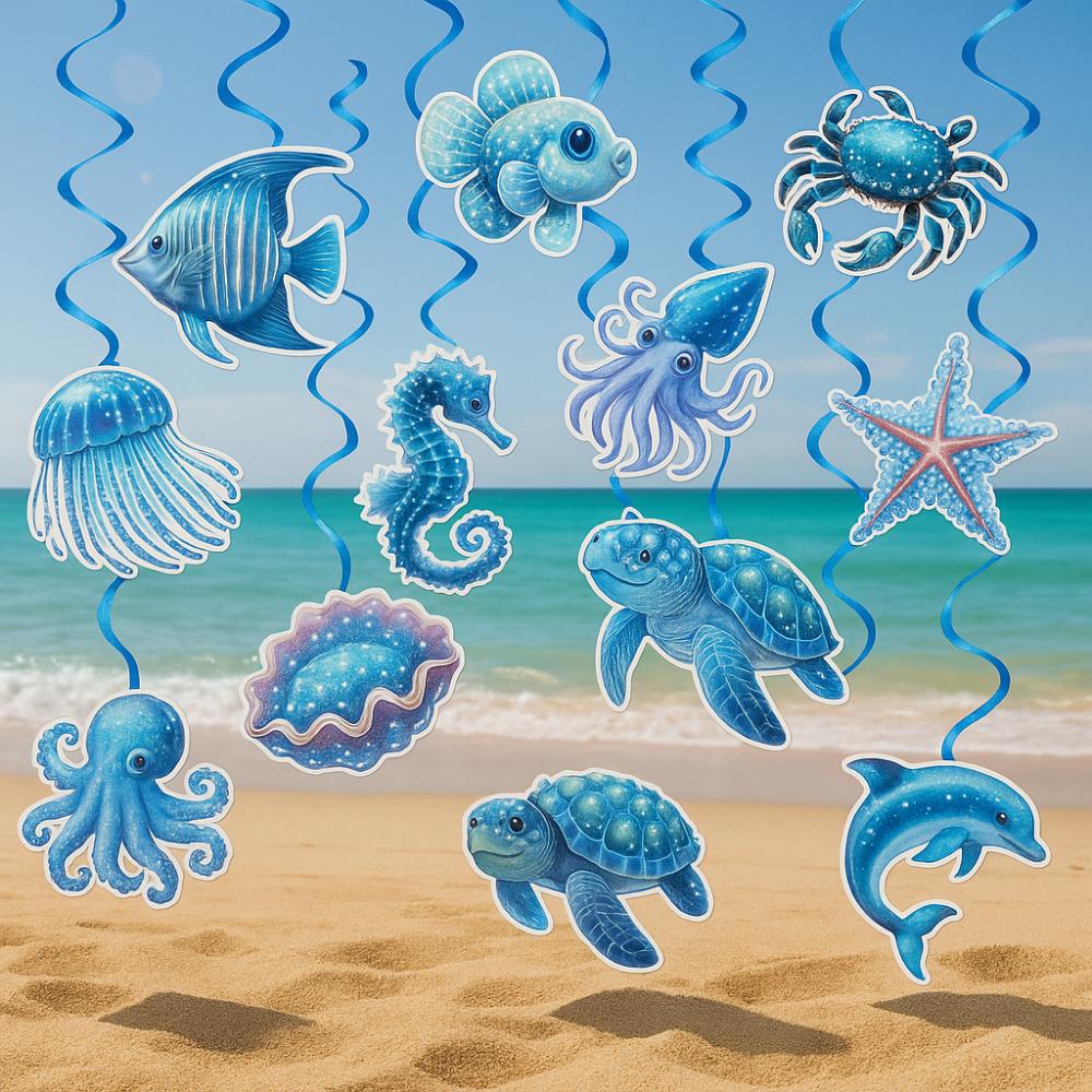 12pcs Paper Hawaiian Spiral Hanging Tag Waterproof Ocean Theme Pendant  Party Favors