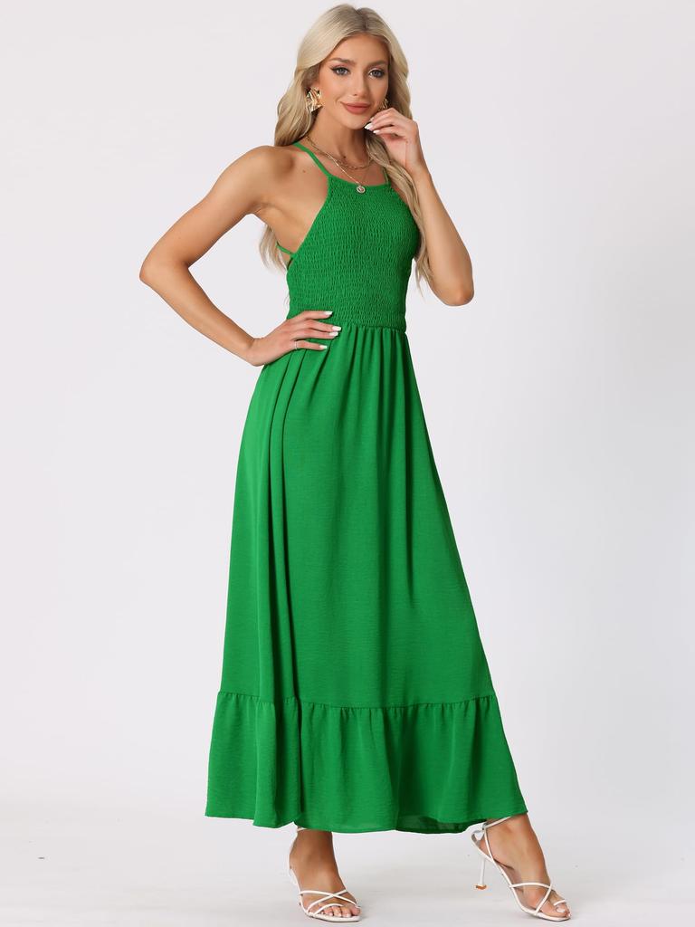 Allegra K Women's Solid Smock Halter Neck Backless Sleeveless Summer Maxi Dress, Green, Size S
