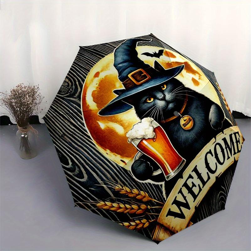 Halloween Cat with Moon Welcome SignUmbrella, Portable 3-Fold Compact Umbrella for Men & Women Gift