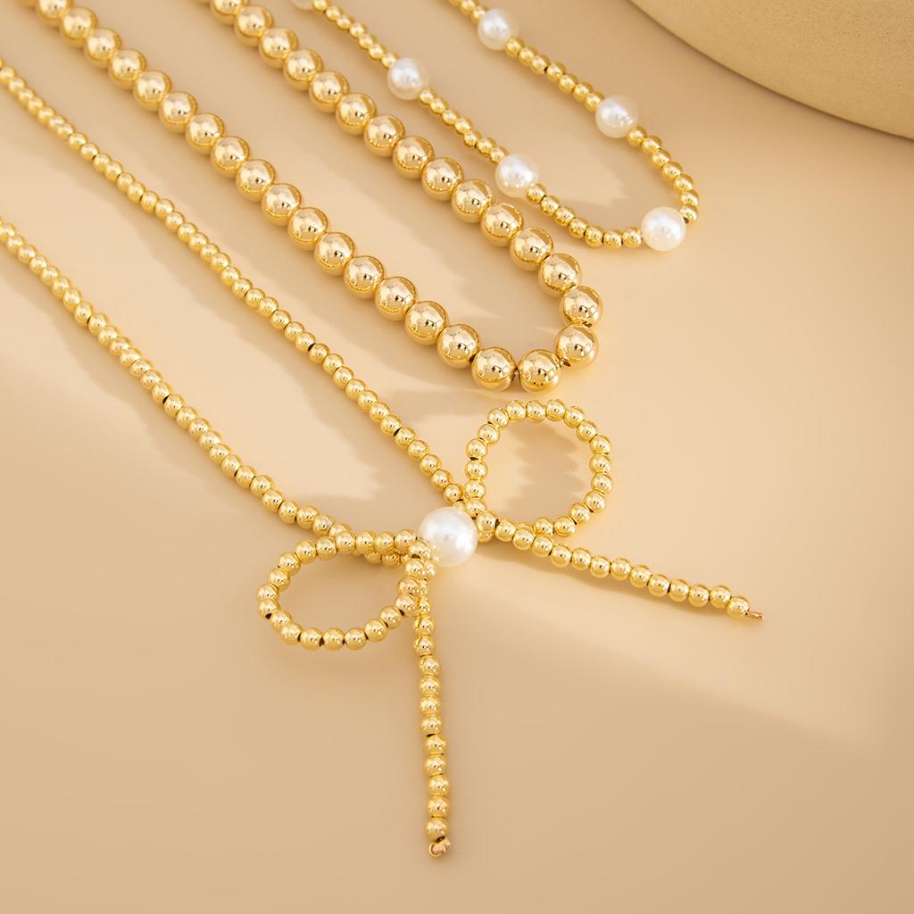 Bohemian Bow Pendant Necklace Vintage Faux Pearl Beaded Collarbone Chain