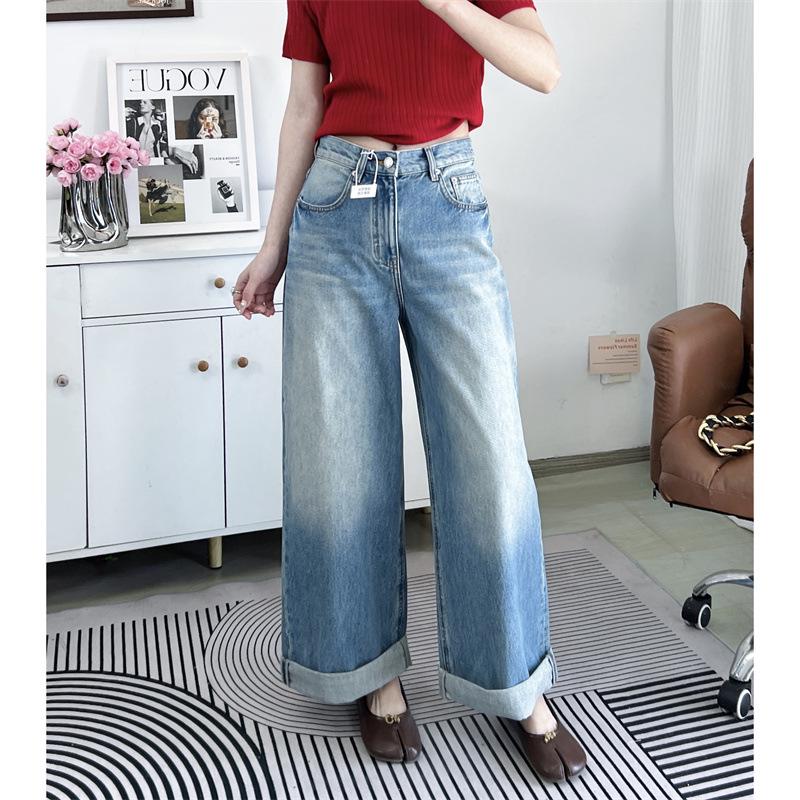 

Chic 100% Cotton Loose-Fit Boyfriend Wide-Leg Pants - Spring 2025 Premium Straight Jeans 29 (125-135 jin) синий