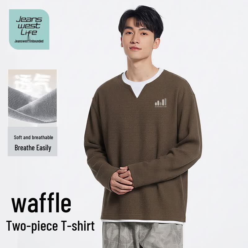 JEANSWEST LIFE Men's Waffle Knit Faux-Layered Long Sleeve T-Shirt