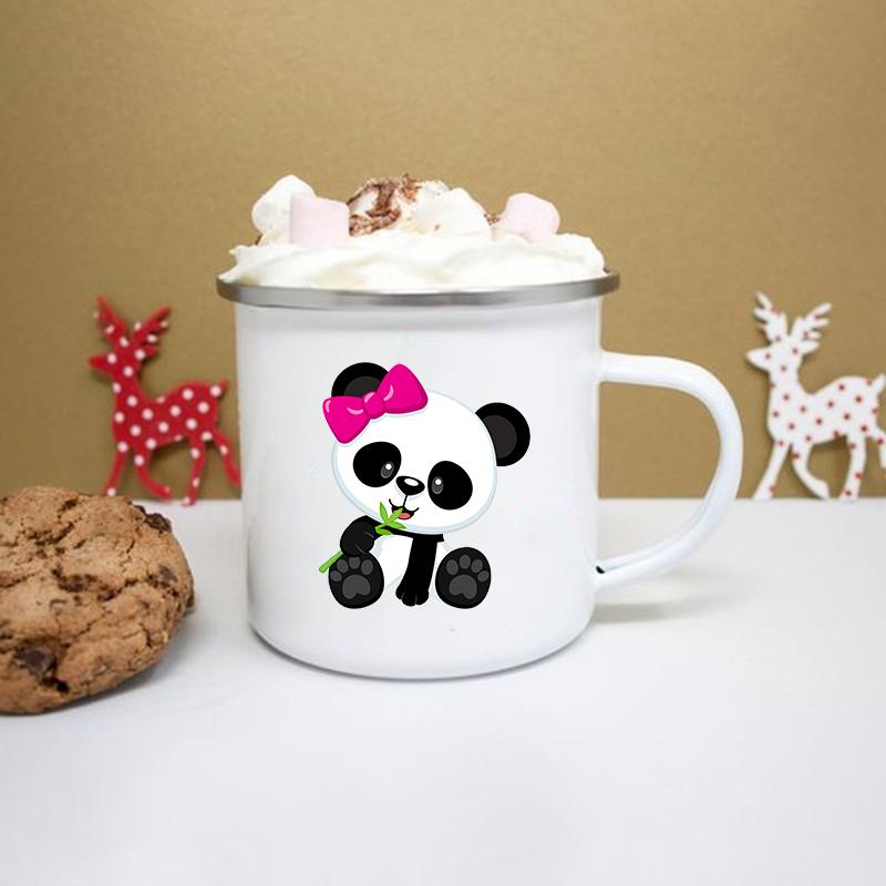Cute Panda Print Enamel Mug Creative Coffee Tea Water Cup Stainless Steel Mug Kawaii Cofee Cups To Sublimate Drinkware Friends