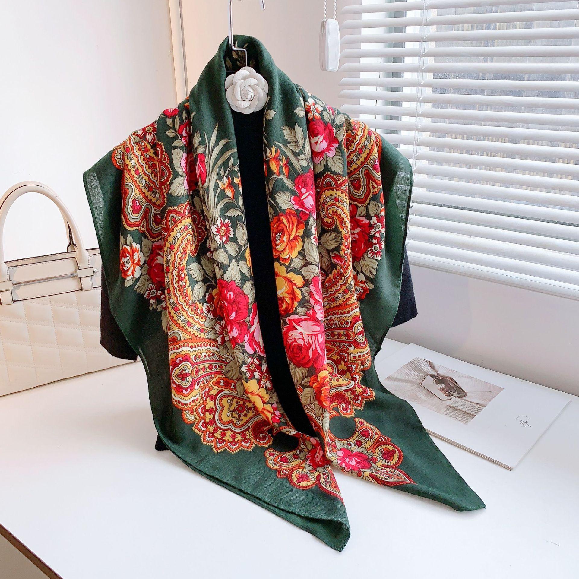 Ethnic style shawl for women, Xinjiang large square scarf, foreign style fashion printed scarf, warm travel multi-functional silk scarf 110*110cm
