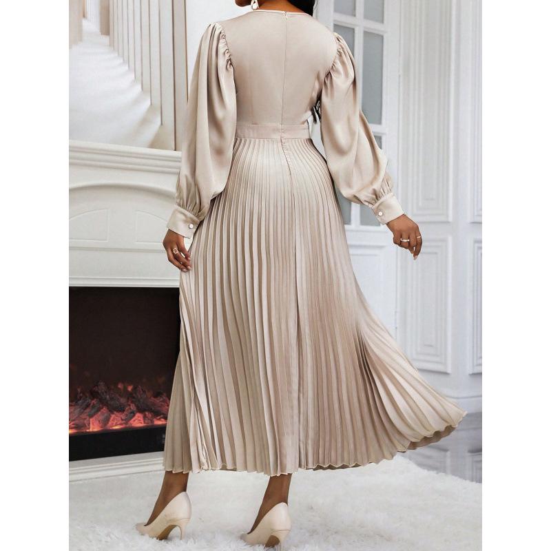 European & American Style Waist-Cinching Solid Color Pleated Dress - Loose Fit, Long-Sleeved, Summer Collection for Women