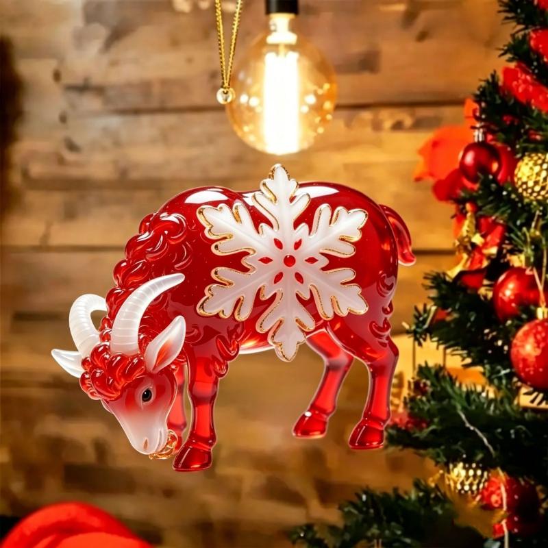 2D Flat Acrylic Goat Hanging Ornament With Snowflake Colorful Goat Car Ornament Gold Hanging Cord Goat Pendant Holiday Decor