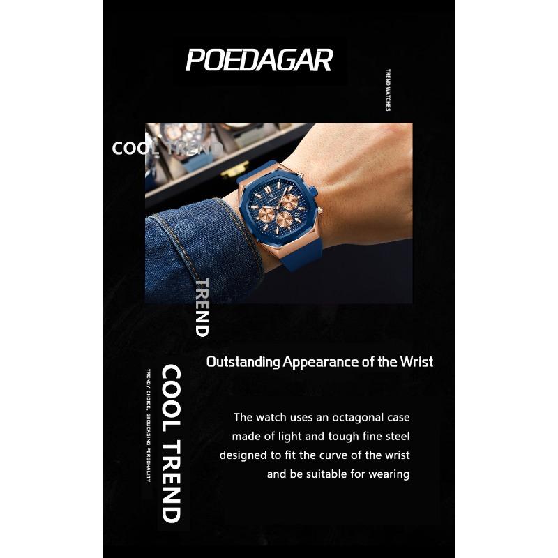 POEDAGAR Functional Watch for Men Date Chronograph Luminous Waterproof Silicone Classic Male Watch Quartz Original Watches