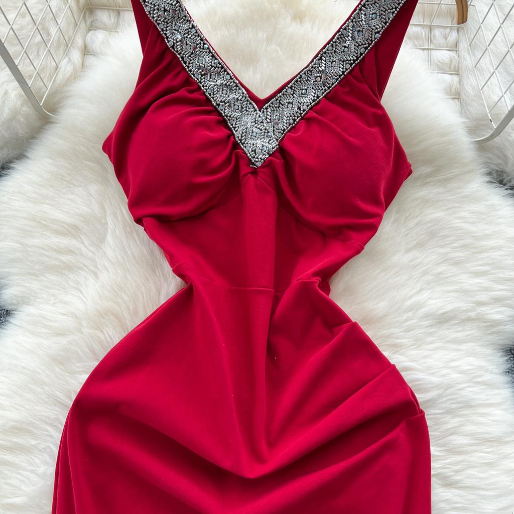 Summer Women V-neck Sleeveless Beaded Solid Evening Party Mermaid Fishtail Long Midi Dresses