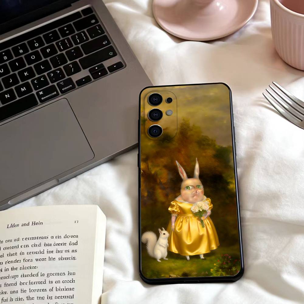 Vintage Rabbit Aristocrat Phone Case For Samsung S25,24,23,22,30,21,10,9,Ultra,Plus,Lite,FE,4,5 G Soft Black Case